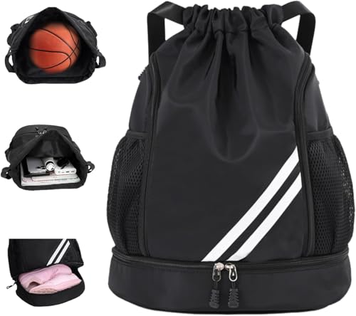 Mochila Esportiva com Cordão Impermeável, Separação Seca e Úmida, Grande Capacidade, Bolsos Laterais em Malha, Ideal para Academia, Viagem e Esportes – Preta com Listras