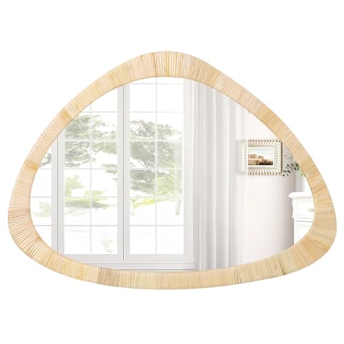 ULIKE Espejo de pared de ratán, decoración bohemia para guardería, espejo rústico de granja para baño, dormitorio, sala de estar, entrada, asimétrico, 19 x 23.5 pulgadas