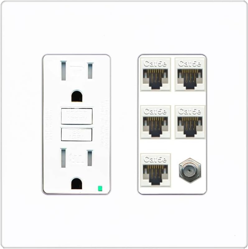 RiteAV 5 Port Cat5e Ethernet and 1 x Coax Wall Plate - GFCI Outlet [Black/White]