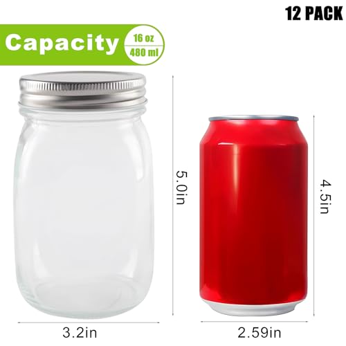 Hniuyun 12 Pack Glass Regular Mouth Mason Jars, Clear Glass Jars with Silver Metal Lids for Sealing, Food Storage, Overnight Oats, Dry Food, Snacks, Candies, DIY Projects (16 oz)