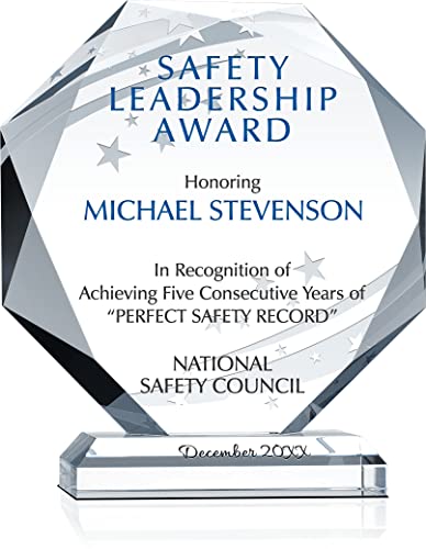 Custom Engrave Crystal Octagon Corporate Safety Recognition Award Plaque, Personalized with Recipient and Award Name, Unique Crystal Employee Safety Award (XL - 10")