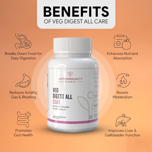 Image of Autoimmunity Care Veg Digest All Care - Complete Digestive Enzymes Supplement with Betaine HCl | Supports Faster Digestion, Acidity, Bloating & Gas Relief | Digestive Enzyme Tablets | 30 Caps (30 dose)
