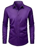 ROUWELL Purple Dress Shirt Men Long Sleeve Wrinkle Free Stretch Non Iron Business Dating Prom Button Down Shirts L