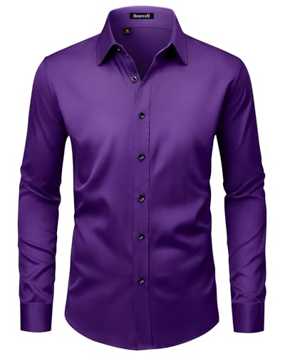 ROUWELL Purple Dress Shirt Men Long Sleeve Wrinkle Free Stretch Non Iron Business Dating Prom Button Down Shirts L