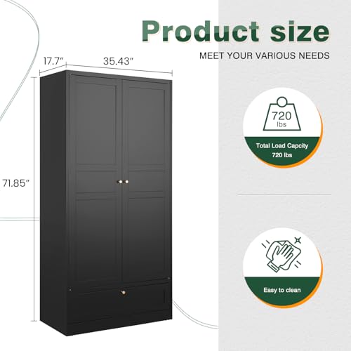 Image of Letaya Metal Wardrobe Cabinets,18 inch Deep Clothing Storage Cabinet with Doors and Shelves,for Home Room,Fire Department, School, Employee,Gym,Government (Black)
