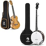 Vangoa LEFT-HANDED Banjo 5 String Mahogany Open Back Banjo with Resonator and Concert Walnut Ukulele