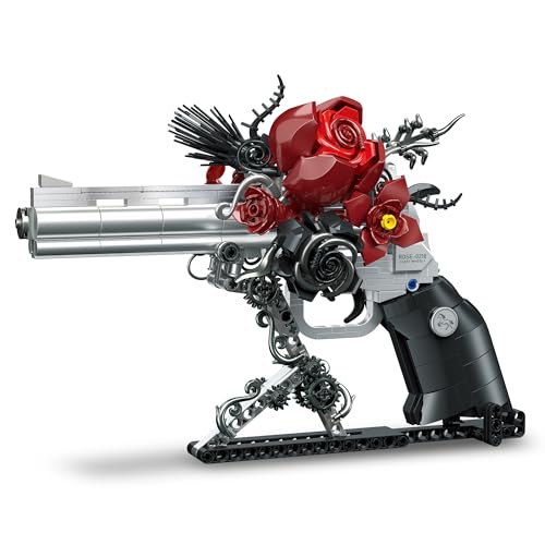 Audaxly Gothic Rose Revolver Building Kit - Dark Romantic Fusion of Blood-Red Roses, Twisted Thorns & Industrial Gears, Movable Barrel, Cylinder & Trigger, Gifts Collection for Gothic Art Devotees