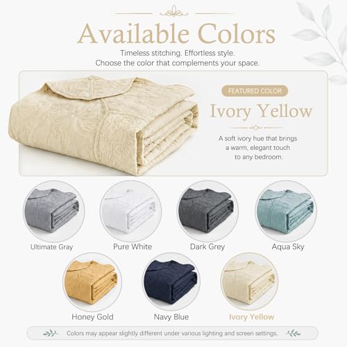 Image of HZ & HY Oversized King Bedspread 128x120 Extra Wide, Stitched Paisley Quilt Set King /Cal King, Lightweight Reversible Coverlet, Scalloped Edge - Soft Classic Look, 5 Piece, Ivory Yellow