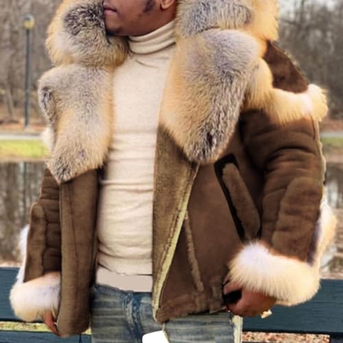 Mens Shearling Leather Coat Thicken Warm Long Sleeve Faux Fur Collar Sherpa Coats Big and Tall Parka Jackets2