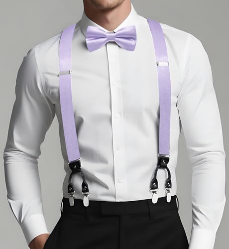 Image of Dubulle Suspender and Bow Tie for Men Paisley Solid Mens Suit Braces Pretied Bowtie and Handkerchief Cufflinks Formal Wedding