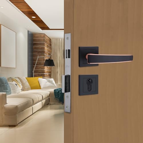Image of Godrej Mortise Lock | Handle Lock Set for Main & Internal Doors | NEH 06 Home Decor Handle | Matte Black Rose Finish | 9 Inch Lockbody | 70mm 1CK Cylinder Knob from Inside Key Outside | 3 Keys