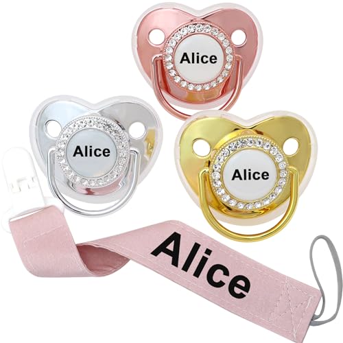 4 piezas, chupete personalizado con nombre, clip para chupete personalizado, regalo para bebés para niños y niñas recién nacidos, accesorios para chupete con purpurina con nombre (0-6 meses) (White)