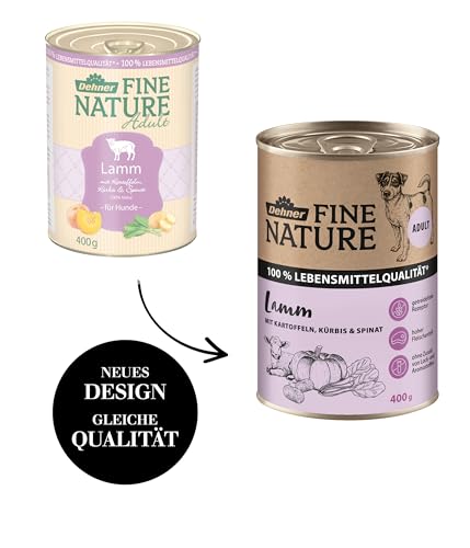 Dehner Fine Nature Hundefutter, Nassfutter getreidefrei / zuckerfrei, für ausgewachsene Hunde, Lamm / Kartoffel, 6 x 400 g Dose (2.4 kg)