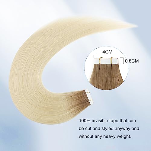 Image of Sixstarhair Invisible Tape In Hair Extensions Real Human Hair Rooted Blonde with Medium Brown Fading to Platinum Blonde Remy Hair Extensions for Women 20 Pieces 50g [Color #R6-60 16 inch]