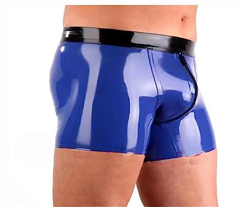 Men's Latex Underpants Blue Rubber Boxer Shorts Briefs Zipper Short Pants latex-Panties Underwear