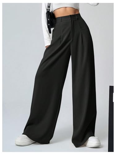 GORGLITTER Women's Office Work Wide Leg Fly Pleated Dress Pants Zipper High Waisted Loose Trousers3