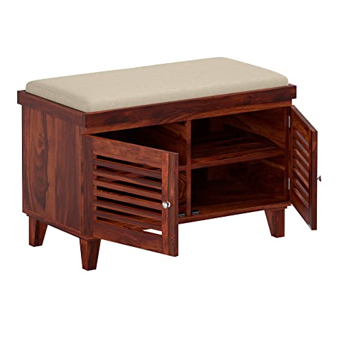 Image of Amazon Brand - Solimo Giljan Solid Sheesham Wood Shoe Storage Cabinet with Seating Bench, Honey Finish, 2 Doors