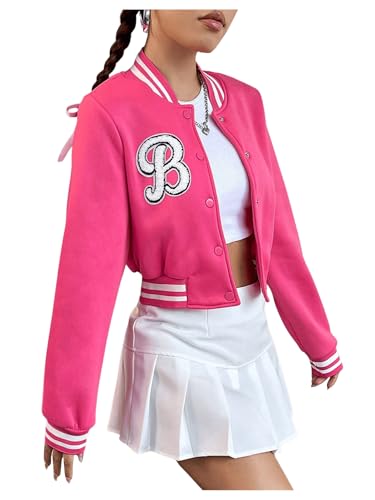 SHENHE Women's Graphic Baseball Jacket Letter Bomber Button Down Striped Trim Crop Varsity Jacket3