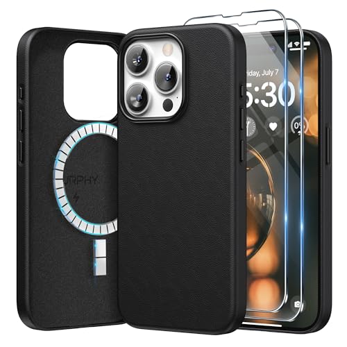SURPHY Faux Leather Case for iPhone 15 Pro Max Case with Screen Protector, Premium PU Leather Compatible with MagSafe [Metallic Buttons] Cover for iPhone 15 Pro Max 6.7 inch, Black