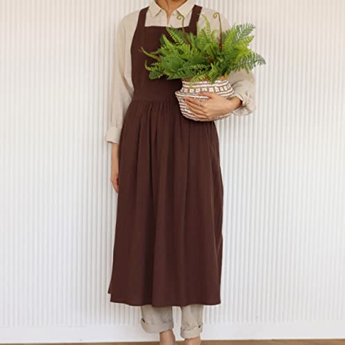 Cute Retro Cotton Linen X-Back Aprons Home Kitchen Garden Art Painting Pinafore Florist Shop Overalls (Dark Brown, 42"L) #TOP7