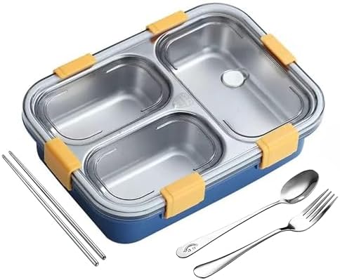 PRIME DEALS Lunch Box Sealed Leakage Proof Stainless Steel Lunch Box with Fork Chopstick&Spoon Lid Office Food Container for School Kids and Adults 750ml (Blue, 3 Compartment)