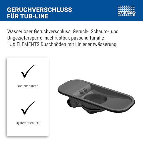 LUX ELEMENTS Wasserloser Geruchsverschluss Dusche TUB-LINE BAZ STOP I Graue Multistopp Geruchs-, Schaum- & Ungeziefersperre I Nachrüstbar & leicht zu reinigen