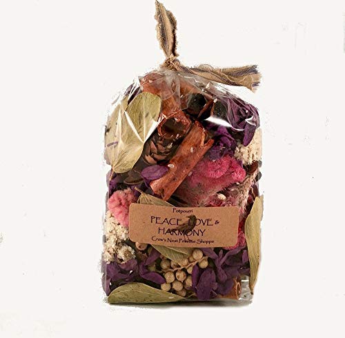 Peace, Love & Harmony Potpourri is a Mixture of Purple flowers, Pods, Berries & Cones mixed and Scented my Fragrance Blend of Sandalwood, Patchouli, Rose, Spice & Citrus. 3cup size bag