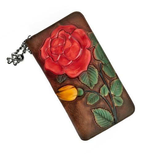 Image of Wallet Genuine Leather for Women - with RFID Blocking Card checkbook ID Slot Large Capacity Vintage style (big rose coffee)