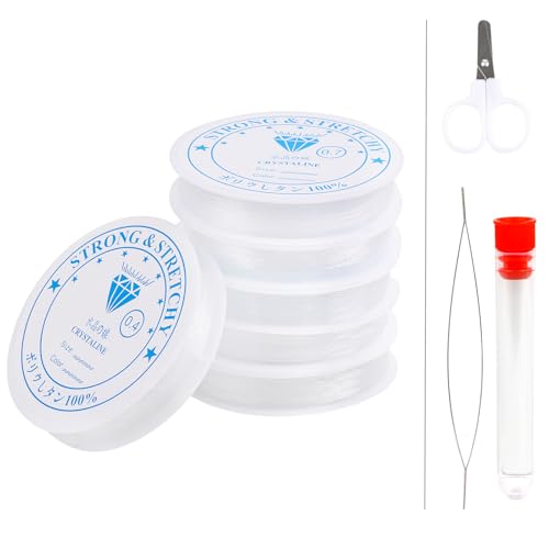 LOMIMOS 6 Rouleaux Fil Elastique pour Bracelet, Fil de Perles Extensible 0.4mm-1mm Cristal Cordes pour Bracelet Resistant avec Ciseaux et Aiguille à Perles...