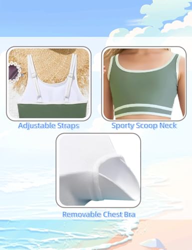 Image of Girls Swimsuits 3 Piece Bathing Suit Bikini Set with Sporty Shorts and Sunglasses Beach Swimwear for Girl 8-15 Years