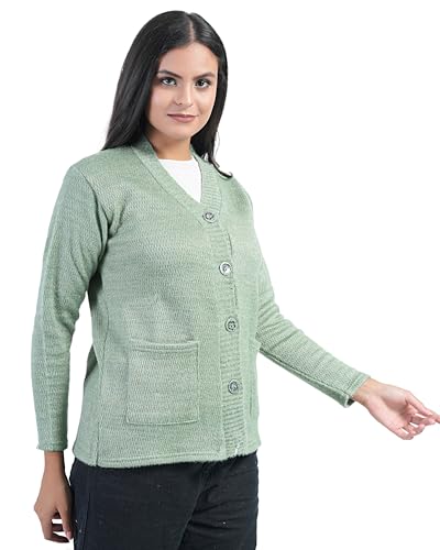 Image of MANRA Women's Woolen V-Neck Buttoned Full Sleeve Cardigan Self Design Soft Wool Fabric Winter Wear Pure Wool Sweater Fully Warm with Front Pockets Stylish Cardigan