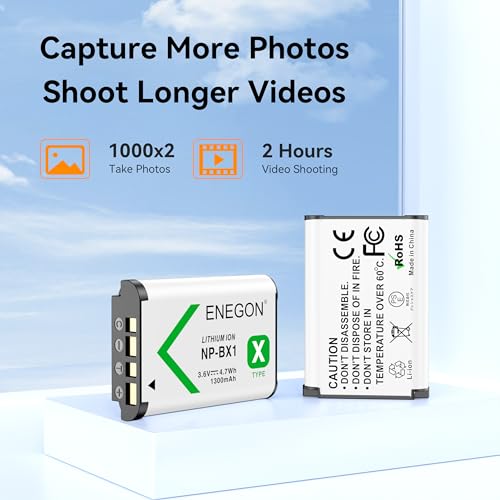 ENEGON Akku NP-BX1 (1300mAh 2-Pack) und LCD-Ladegerät passend für Sony NP-BX1 und Sony ZV-1, Cyber-Shot DSC-RX100, DSC-RX100 II/III/M4/M5/M6/M7/Ⅳ/Ⅴ/Ⅵ/Ⅵ/Ⅶ/VA, DSC-RX100M II, HDR-CX405
