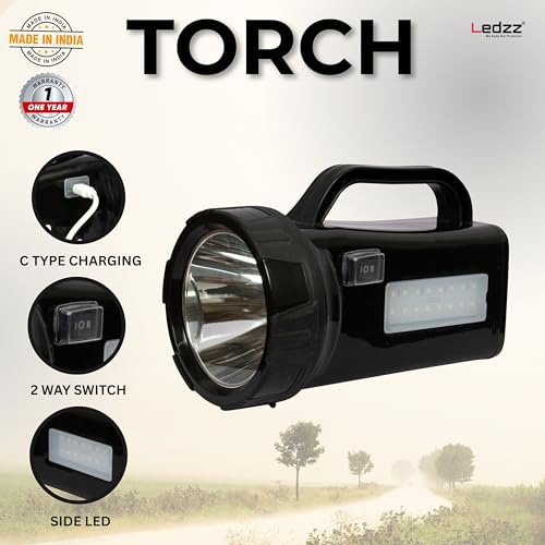 Image of Heavy-Duty Rechargeable LED Torch - 6000mAh Lithium Ion Battery, 75W Super Bright Long Range Flashlight with Side LED Work Light - 10 Hour Backup, Type-C Charging, 12-Month Warranty (Black)