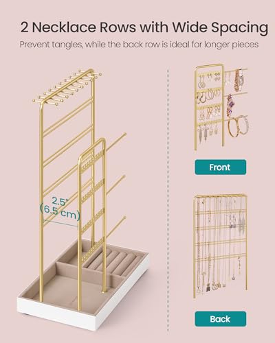 Image of SONGMICS Necklace Holder, Jewelry Stand Holder Organizer, Jewelry Display with Metal Frame, Velvet Tray, Earring Bracelet Holder, for Gift Idea, 5.5 x 9.4 x 14.1 inch, Pale Gold UJJS028A01