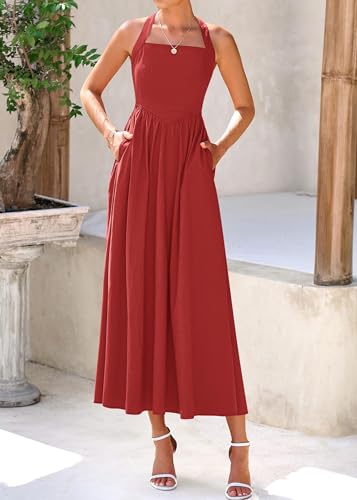 Image of KIRUNDO Summer Dresses for Women 2026 Halter Maxi Wedding Guest Party Cocktail Semi Formal Elegant Classy Long Sundress(Red, Small)