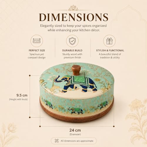 Image of Premium Wooden Masala Box with 7 Stainless Steel Spice Containers & Spoon | Traditional Elephant Print Spice Organizer | Wooden Masala Dabba for Kitchen Storage & Dining