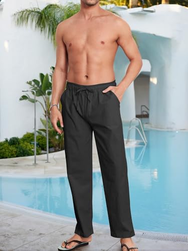 Litthing Pantaloni Lino Uomo Pantalone Cotone Estivi Casual Tasche Pants Larghi Coulisse Pant Comodi e Leggeri Spiaggia