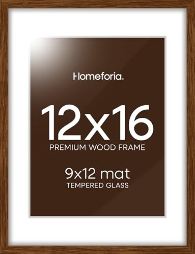 Image of Homeforia 12x16 Picture Frame Brown, High End Dark Oak 12x16 Walnut Wood Poster Frame with Mat 9x12 Print, 12 x 16 Wooden Frame Matted to 9 x 12 Photo, 16x12 Frames, Tempered Glass, Wall Kit, Set of 2