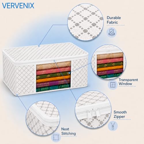 Image of VERVENIX Saree Cover Pack of 6, Large Size White Triangle Pattern Clothes Storage Bags with Zipper & Clear Window, Dustproof Wardrobe Organizer for Sarees, Suits, Dresses & Shirts,46.3 x 36 x 22.5 CM