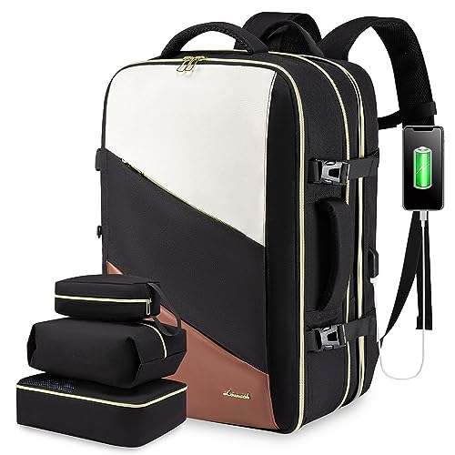 LOVEVOOK Travel Backpack, 30-40L Expandable Carry On Backpack Airline Approved, Large Anti-Theft Laptop Backpack with USB Charging Port, Waterproof Backpack with Shoe Bag, Beige-Black LOVEVOOK Travel Backpack, 30-40L Expandable Carry On Backpack Airline Approved, Large Anti-Theft Laptop Backpack with USB Charging Port, Waterproof Backpack with Shoe Bag, Beige-Black