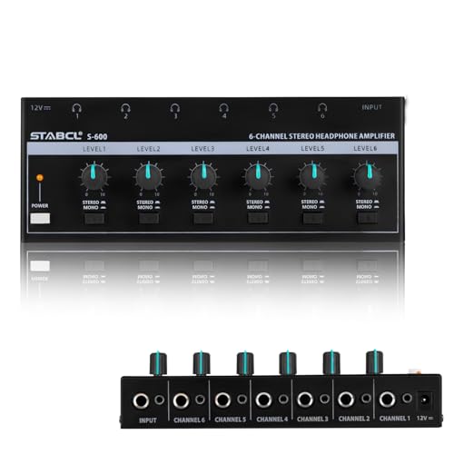 Headphone Amplifier 6 Channel, Stereo Headphone Amp with 3.5mm&6.35mm Input and Output, Metal Portable Studio Headphone Amp Splitter, Headphone Mixer with Mono and Stereo for Recording Studios