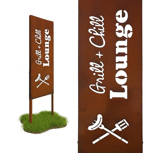 Relaxdays Piquet à Planter en Fer Effet Rouille, Grill & Chill, 115 x 28 cm, Brun