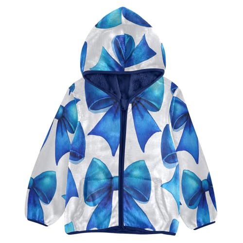 Blue Satin Bows on White Toddler Fleece Jacket Girl Boys Hooded Fleece Jacket Coat Warm Outwear Zip-up 3-10T