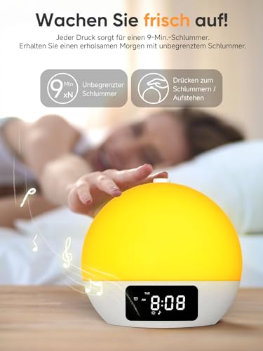 Foryond Tageslichtwecker,Geschenke Lichtwecker Wecker Digital Wake Up Light mit 25 beruhigende Klänge in 16 Helligkeit,Doppelalarm,8 Volltonfarben 9 farbige Licht, Wecker mit Projektion
