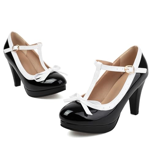 Image of ForeMode Fashion Women T-Strap High Heels Bow Platform Round Toe Pumps Leather Summer Sweet Shoes