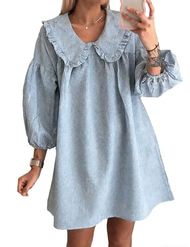 Image of Ynhonra Women's Gingham Mini Dress 3 /4 Puff Sleeve Babydoll Doll Collar