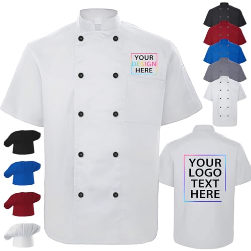 Gridachi Abrigo de chef personalizado para hombre y mujer, chaqueta de chef con nombre, logotipo, texto, abrigo de chef con bolsillos, camisa de trabajo personalizada para restaurante, blanco