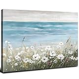 Strand-Blumen-Wandkunst-Bild für Wohnzimmer, Ozean-Thema, abstrakte Meereslandschaft, Wildblumenmalerei, Schlafzimmer, Badezimmer, Wanddekoration, weiße Mohnblume, Leinwand, Poster, modernes