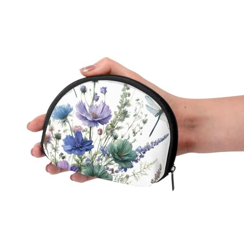 Portable Coin Purse Watercolor-Flower-Dragonflies Mini Zippered Money Pouch Card Holder3