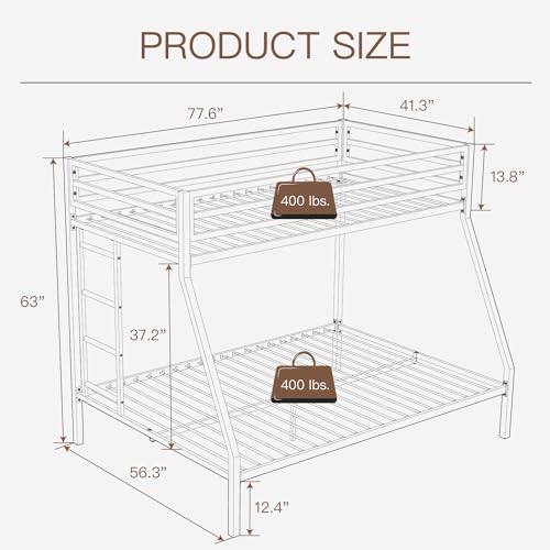 ikalido Metal Bunk Bed For Junior, Twin Over Full Size Beds With Sturdy Guard Rail & Removable Ladder, Space-Saving/Noise Free/Matte White - Image 2